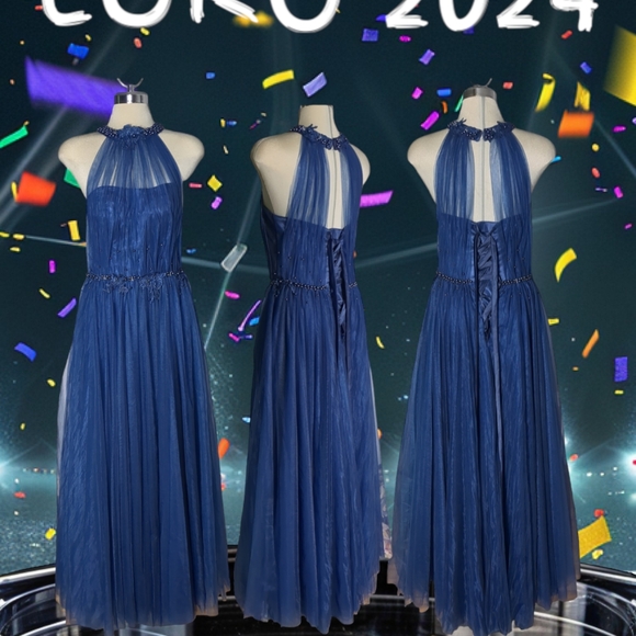 Luxury Designer Blue Beaded Embroidery Illusion Halter \ Ball Gown Blue Size S - Picture 6 of 16